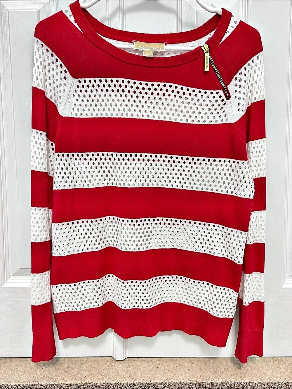 Michael Kors Striped Zip Sweater in Red & White Size Medium